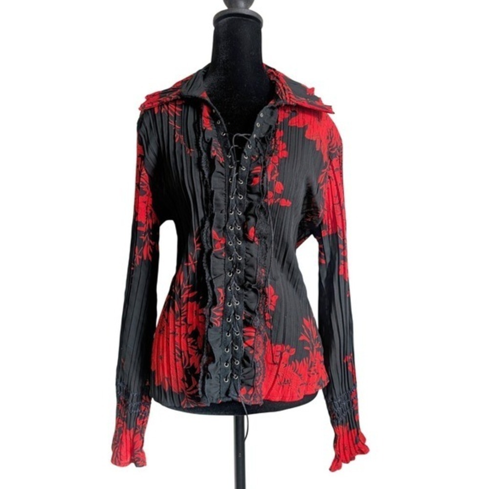 Vintage 90s Roberto Cavalli Style Red Dark Floral Pleated Ruffle Lace Up Blouse